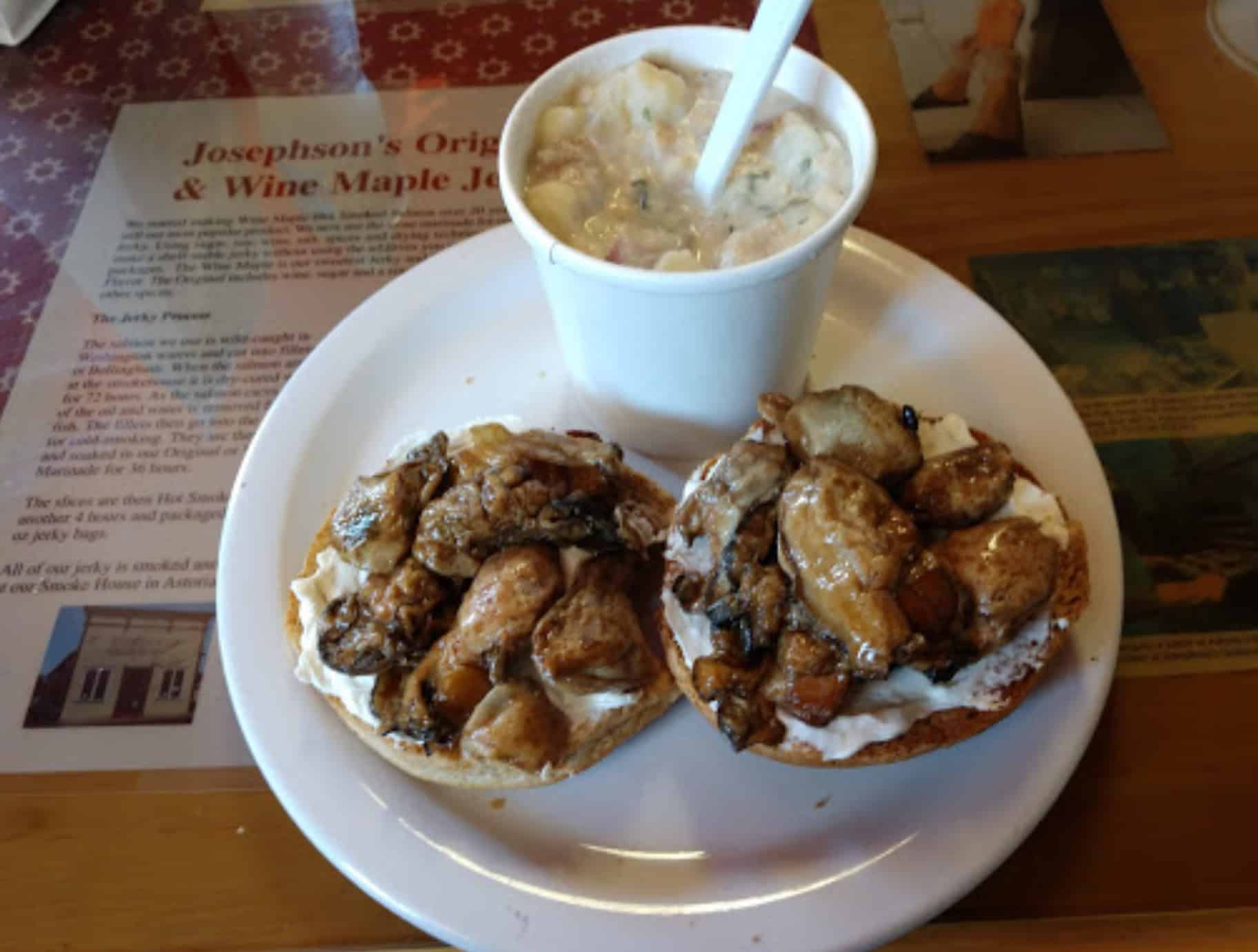 Josephson's clam chowder and open faced smoked oyster sandwich