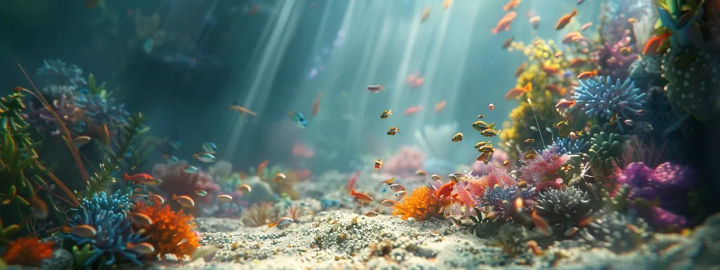 a breathtaking underwater view of colorful marine life thriving along the sandy ocean floor.