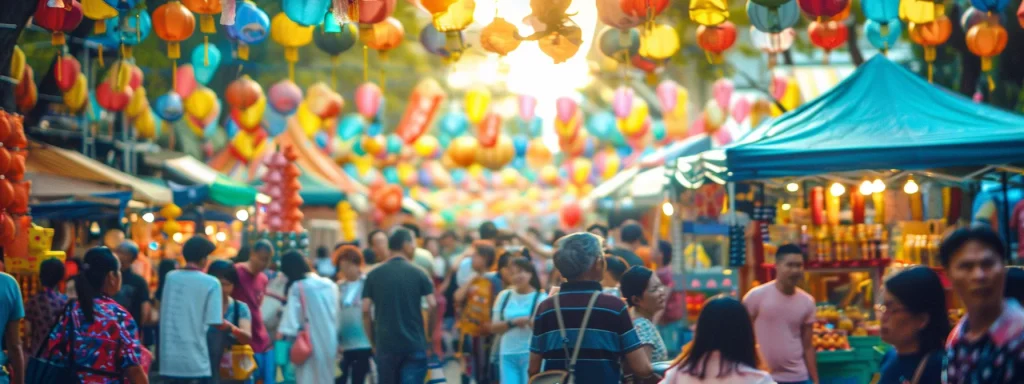 a bustling outdoor festival filled with colorful food stalls, live music, and joyous community members celebrating together.