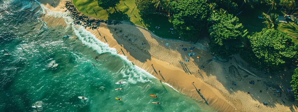 a vibrant beach scene with surfers riding the waves, paddleboarders gliding along the coast, and cyclists cruising by with lush green parks in the background.