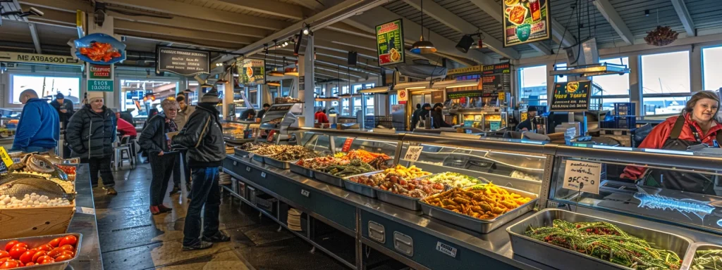 a vibrant seafood market on newport's historic bayfront bustling with fresh catches and colorful displays.