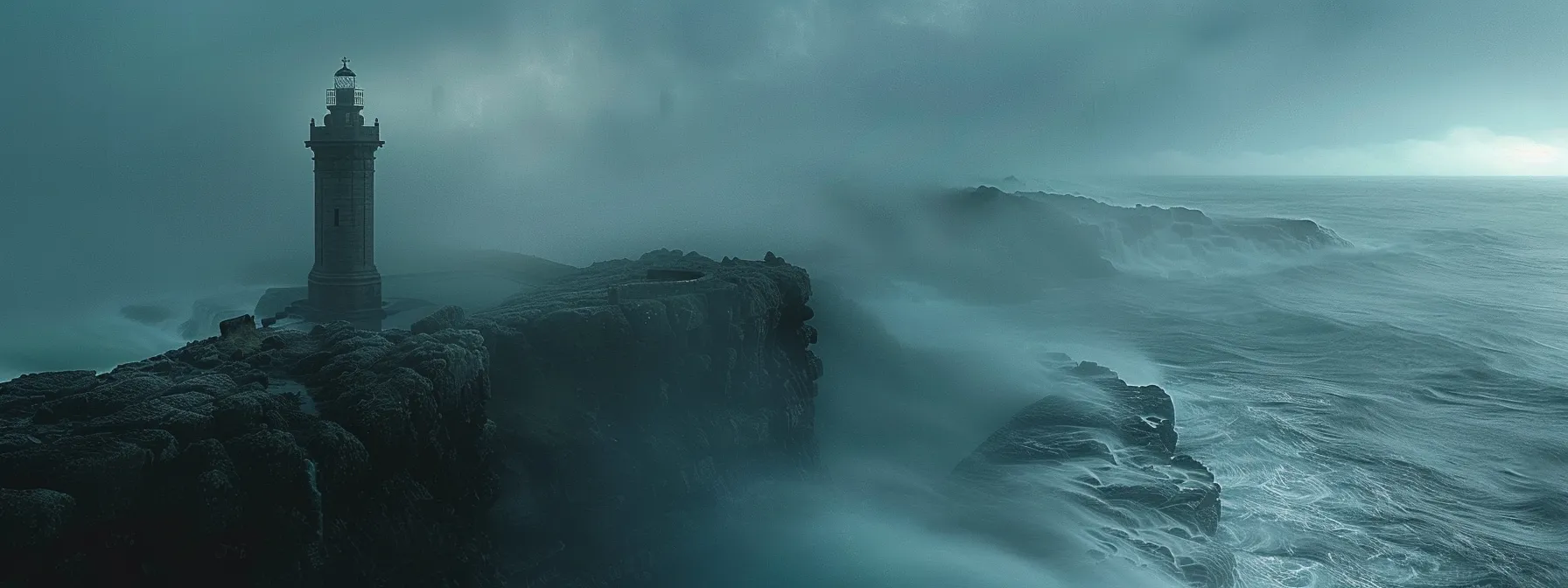 a sturdy lighthouse stands tall on a rugged, foggy basalt rock, overlooking choppy, perilous seas. a sturdy lighthouse stands tall on a rugged, foggy basalt rock, overlooking choppy, perilous seas.