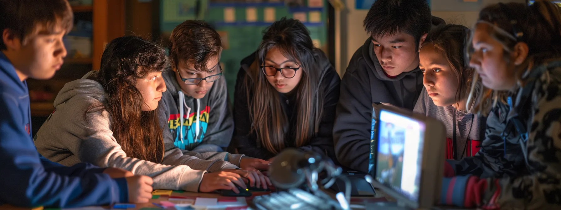 a group of students gathered around a computer, engrossed in playing the oregon trail game while discussing historical facts and collaborating on creative projects.