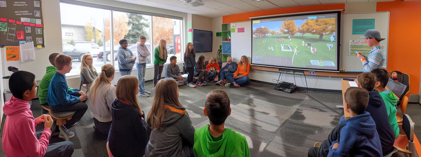 a group of students engaged in a lively discussion after playing the oregon trail game in a modern classroom setting, with teachers guiding the reflective conversation to reinforce key concepts and promote critical thinking skills.